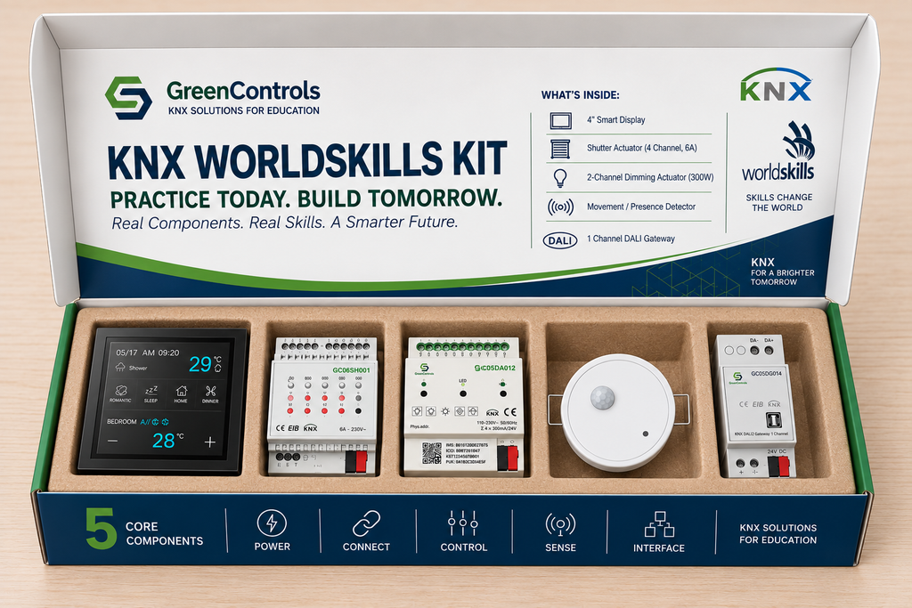 GreenControls KNX WorldSkills Kit open box with five KNX training components