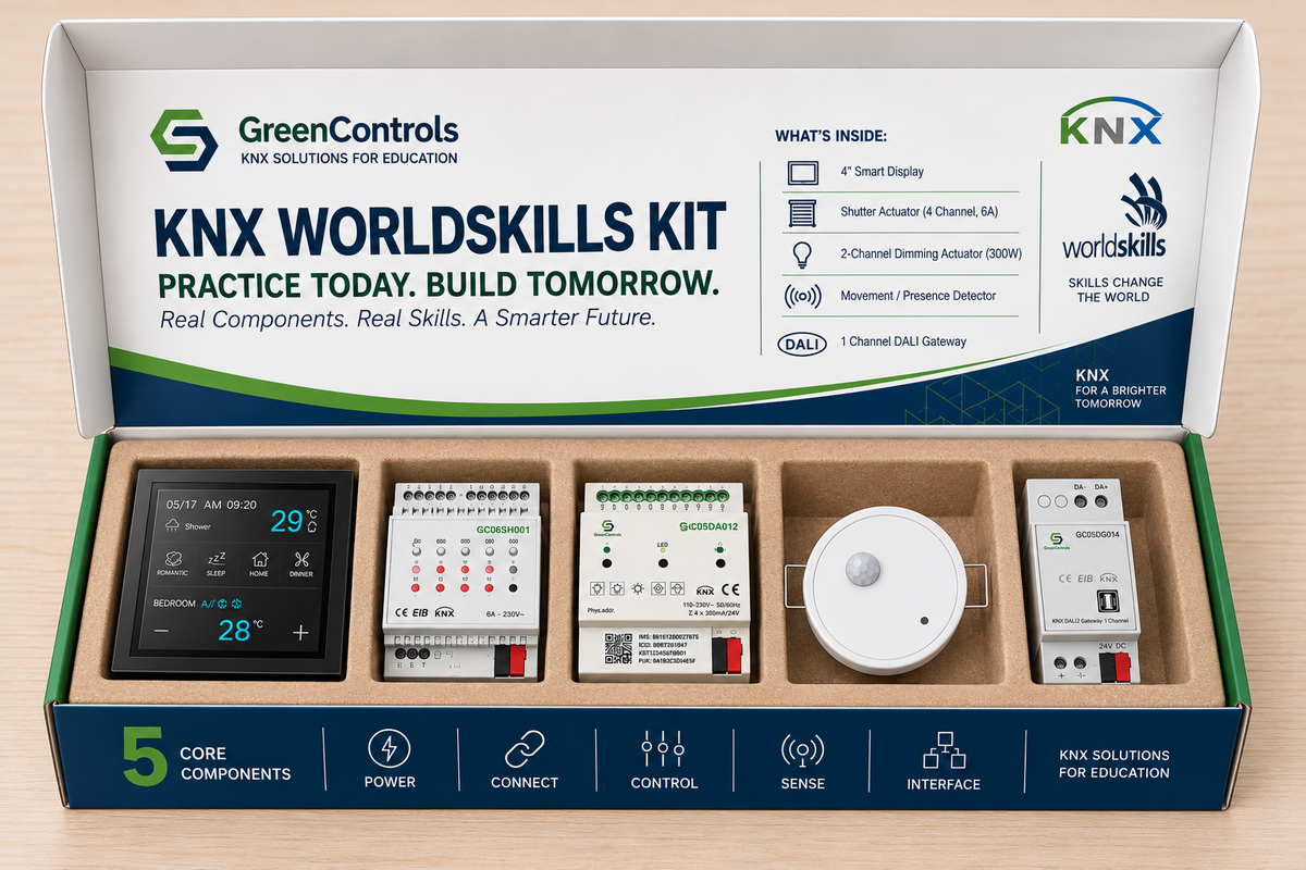 GreenControls KNX WorldSkills Kit open box with five KNX training components