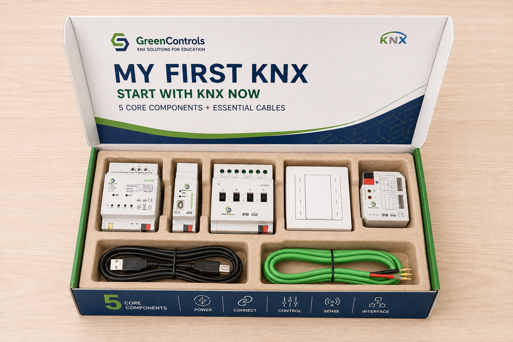 GreenControls My First KNX Starter Kit open box with five components and cables